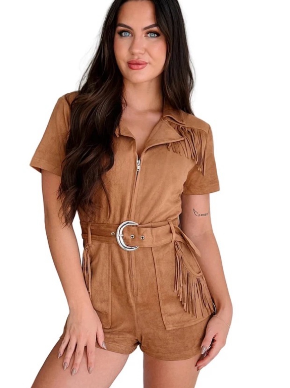 Cowboy Tales Fringed Suede-Look Tan Short Jumpsuit with Belt